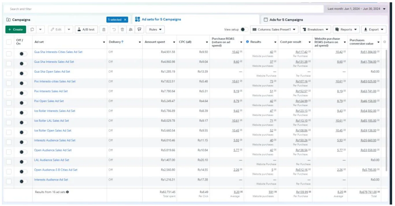Meta Ads Manager, all campaigns, June 2024