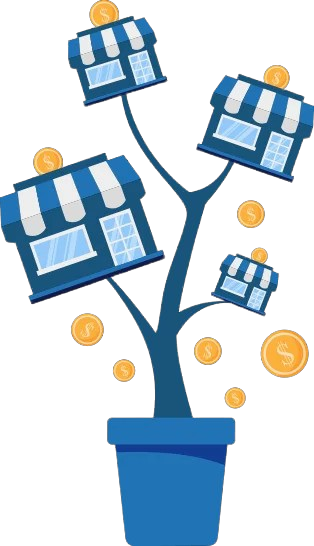 Illustration of stores growing from a tree with coins, business growth concept