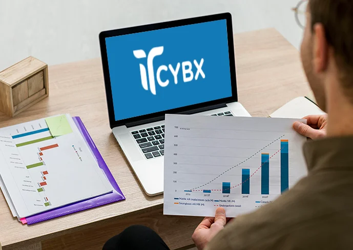 ITCYBX team reviewing a store growth report on laptop and printed charts