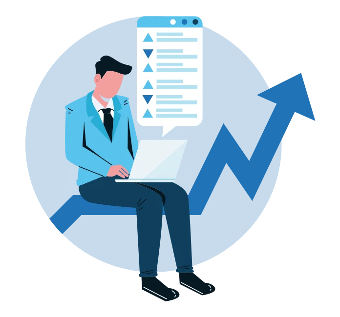 Illustration of a founder sitting with a laptop, checking a checklist of growth items