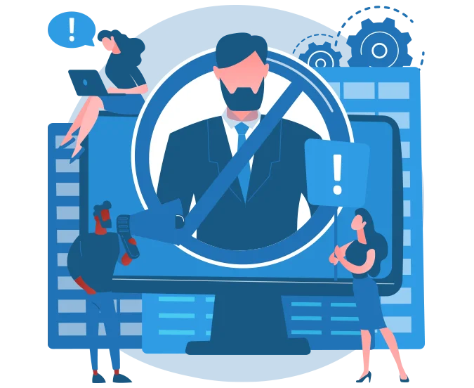 Illustration showing a store owner looking at a blocked funnel, conversion problem visual